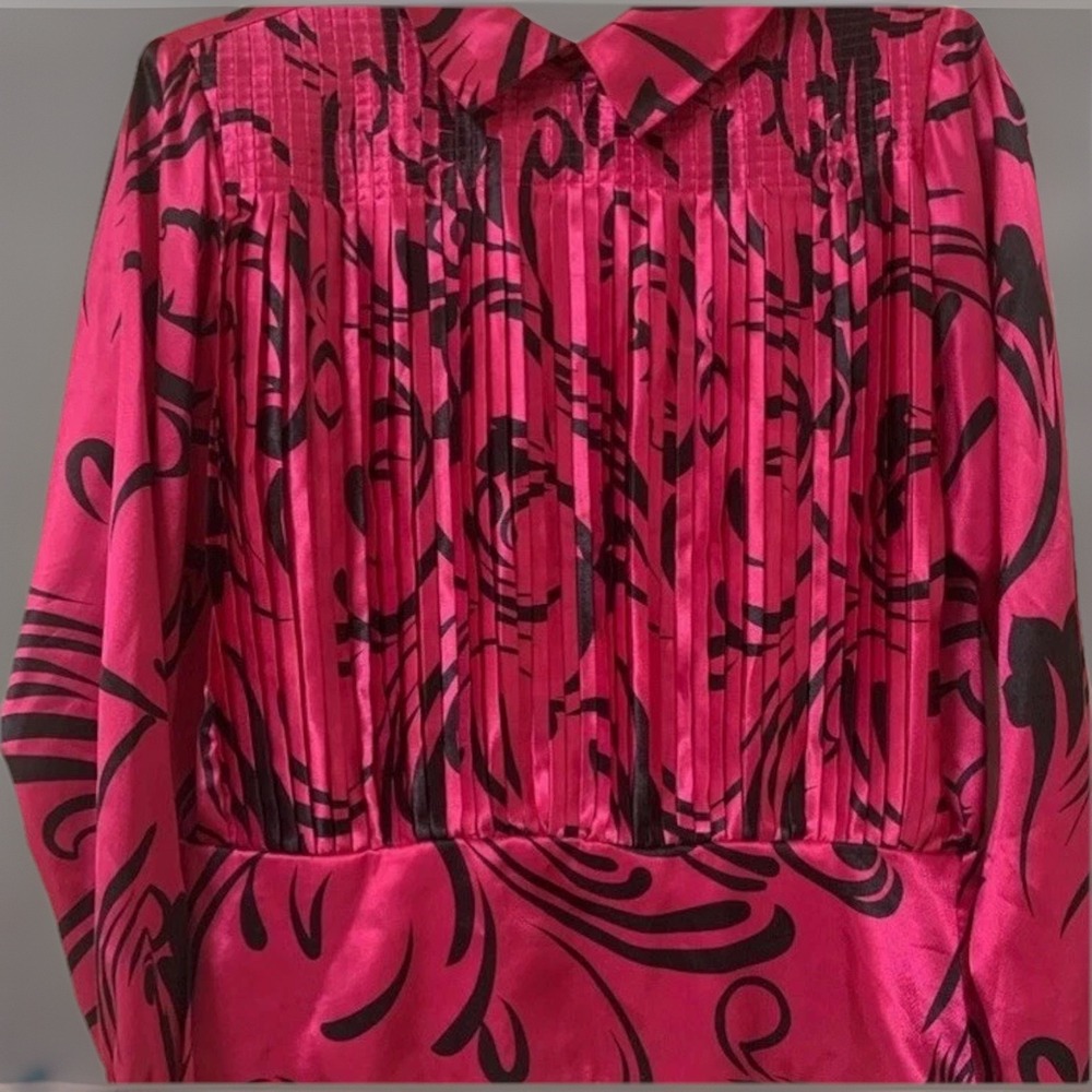 VTG 80s Nilani‎ Pink/Black Blouse Swirl Pattern Silk